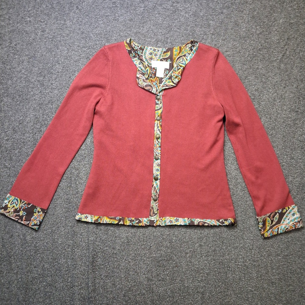 Soft Surroundings Silk Cashmere Cardigan Red Paisley Trim Button Front Small